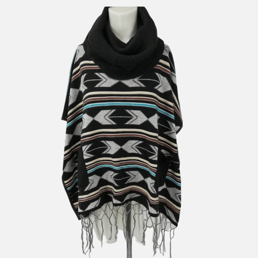 Double Zero Aztec Turtleneck Fringe Poncho Size M Boho Southwest Pockets Western